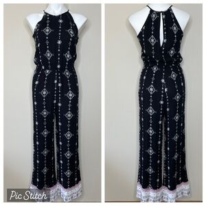 Mudd Black and White Patterned Sleeveless Jumpsuit with Contrast Hem